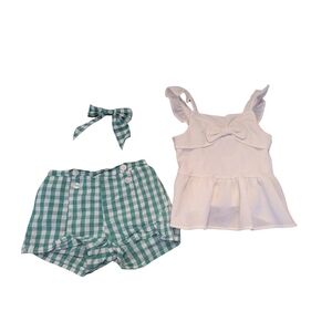 EUC Draper James Girls size 5 3-piece top gingham shorts hair clip green cream